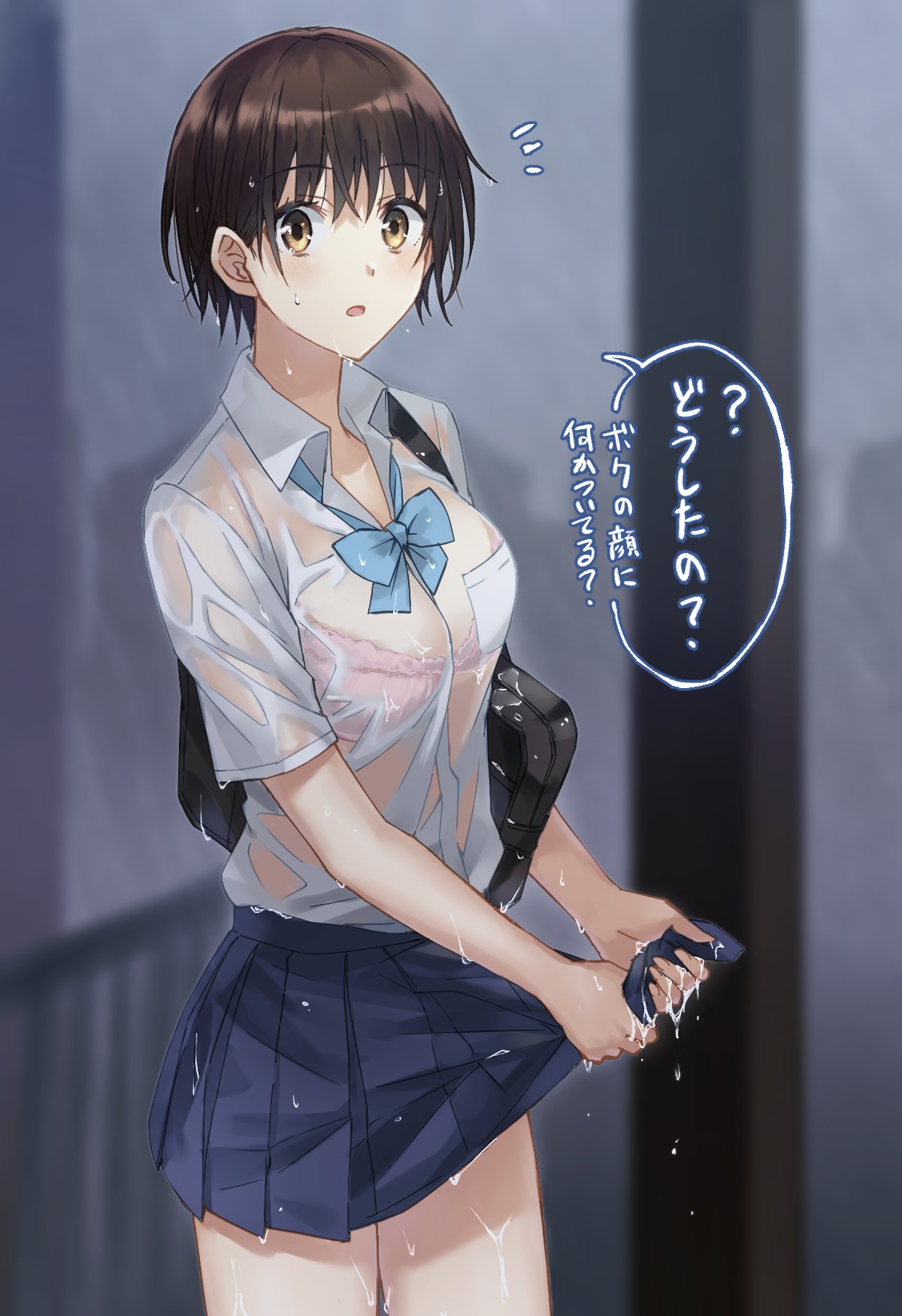 bag black_hair blue_bow bow bra breasts commentary_request highres medium_breasts miniskirt open_mouth original pink_bra pleated_skirt school_bag school_uniform see-through shirt short_hair skirt somechime_(sometime1209) translated underwear wet wet_clothes wet_hair wet_shirt white_shirt wringing_clothes wringing_skirt yellow_eyes
