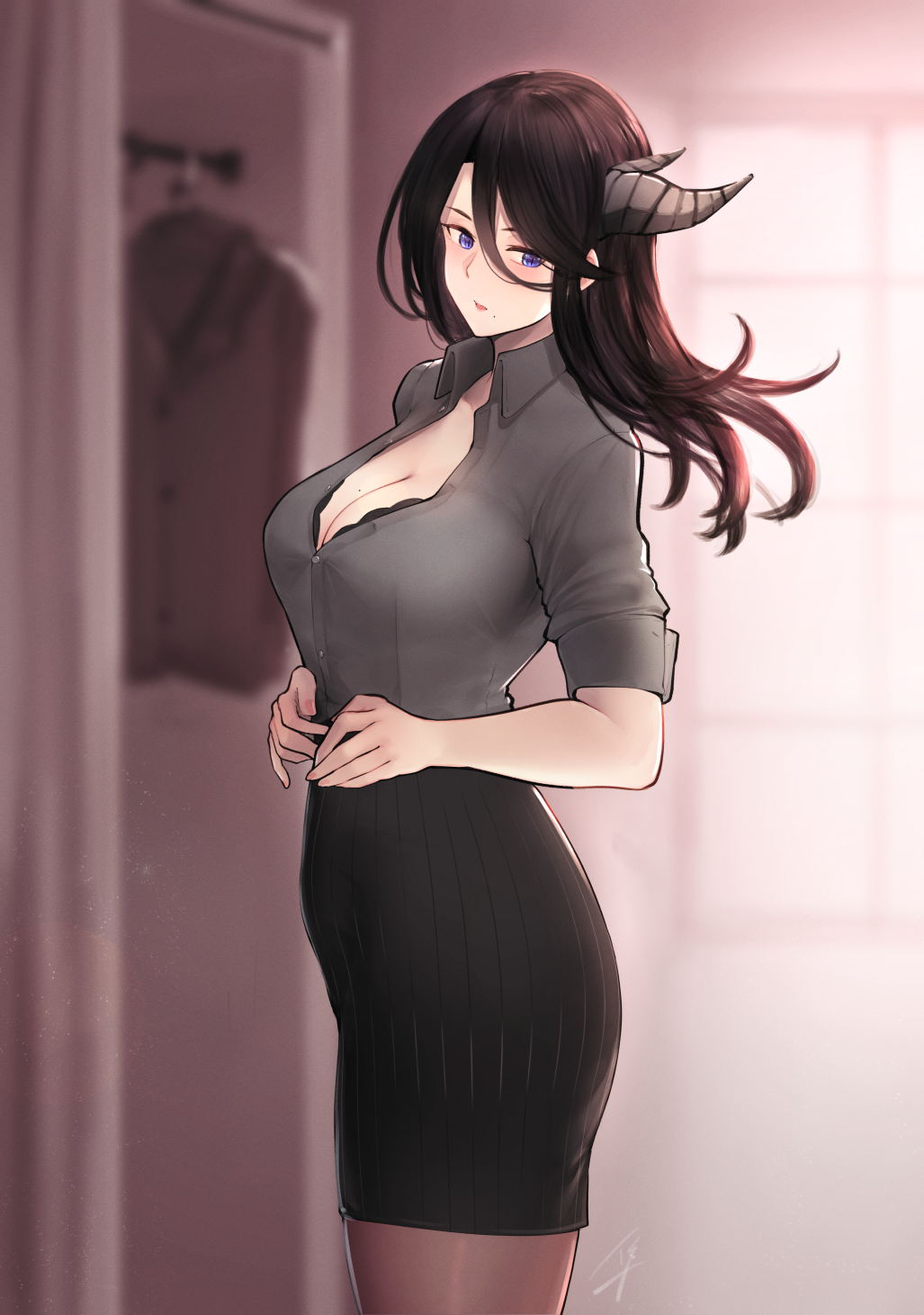 black_bra black_hair black_skirt blue_eyes blurry bra breasts collarbone collared_shirt commentary_request demon_girl demon_horns depth_of_field formal from_side grey_shirt hayabusa highres horns indoors large_breasts lips long_hair looking_at_viewer mole mole_under_mouth office_lady original pantyhose pencil_skirt ribbed_skirt shirt short_sleeves signature skirt underwear