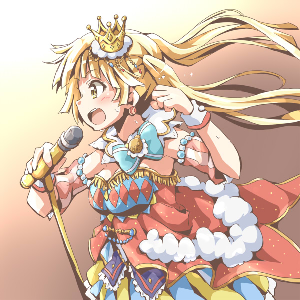 bang_dream! bangs blonde_hair blue_bow bow clenched_hand crown detached_sleeves dress earrings fringe_trim fur_trim jewelry layered_dress long_hair microphone microphone_stand multicolored multicolored_clothes multicolored_dress riai_(onsen) solo striped_sleeves sweat tsurumaki_kokoro twintails wrist_cuffs yellow_eyes
