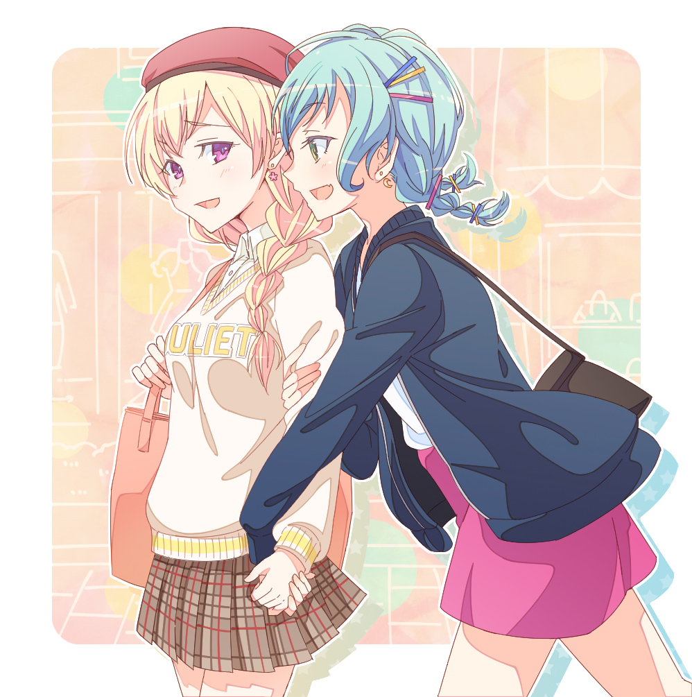 :d alternate_hairstyle aqua_hair bag bang_dream! bangs beret black_jacket blonde_hair braid brown_skirt clothes_writing collared_shirt drop_shadow e20 earrings from_side green_eyes hair_ornament hair_over_one_eye hairpin hat hikawa_hina holding_hands holding_strap jacket jewelry long_sleeves looking_at_another miniskirt multiple_girls open_mouth outline pink_skirt plaid plaid_skirt pleated_skirt purple_eyes red_hat shirasagi_chisato shirt shoulder_bag single_braid skirt smile twin_braids white_outline white_shirt