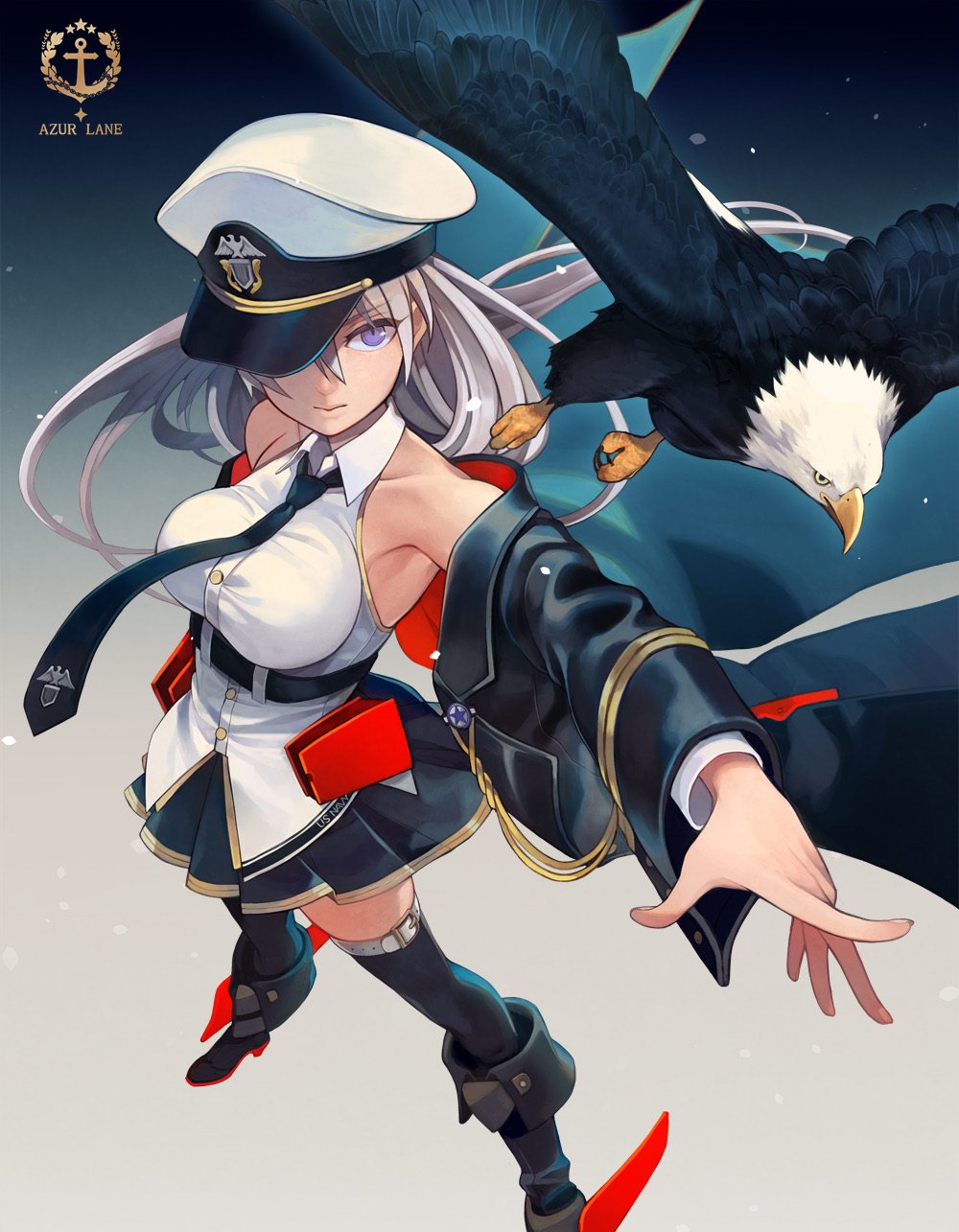 azur_lane bangs bare_shoulders bird black_footwear black_neckwear boots breasts buttons clothes_writing coat collarbone commentary_request cuff_links eagle enterprise_(azur_lane) expressionless eyebrows_visible_through_hair floating_hair hair_between_eyes hat highres knee_boots large_breasts long_hair looking_at_viewer miniskirt necktie off_shoulder open_clothes open_coat outstretched_arm peaked_cap purple_eyes rudder_shoes shirt sidelocks silver_hair skirt sleeveless sleeveless_shirt solo thighhighs very_long_hair yuko_(uc_yuk)