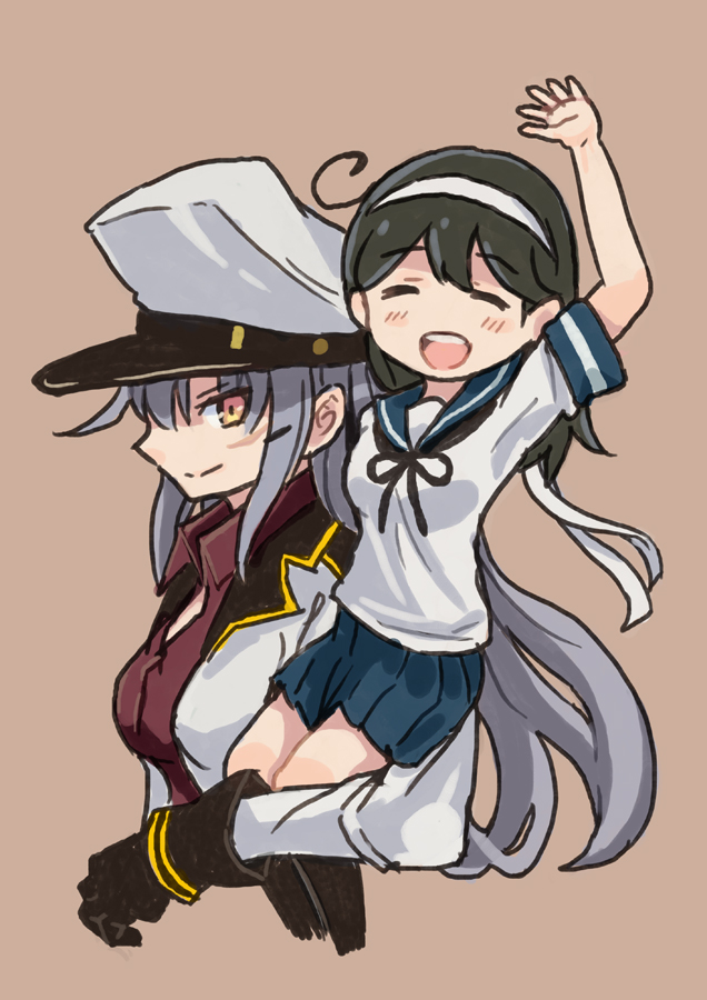 ahoge arm_up beige_background black_hair carrying closed_eyes epaulettes gangut_(kantai_collection) gloves grey_hair hair_ribbon hairband hat jacket kantai_collection long_hair long_sleeves looking_at_viewer military military_hat military_uniform miniskirt multiple_girls open_clothes open_jacket open_mouth otoufu peaked_cap pleated_skirt remodel_(kantai_collection) ribbon school_uniform serafuku short_sleeves sitting_on_shoulder skirt smile socks uniform ushio_(kantai_collection) yellow_eyes