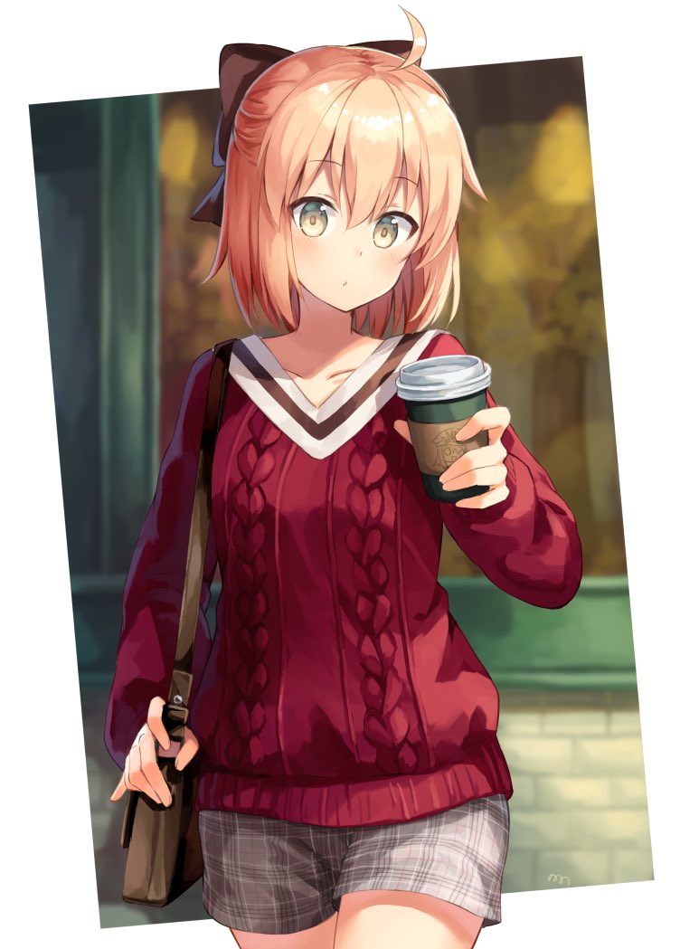 ahoge aran_sweater bag black_bow blush bow breasts brown_hair closed_mouth coffee_cup collarbone cup disposable_cup expressionless eyebrows_visible_through_hair fate/grand_order fate_(series) grey_eyes hair_bow handbag holding holding_cup long_sleeves looking_at_viewer medium_breasts nonono okita_souji_(fate) okita_souji_(fate)_(all) plaid plaid_shorts red_sweater short_hair shorts solo sweater
