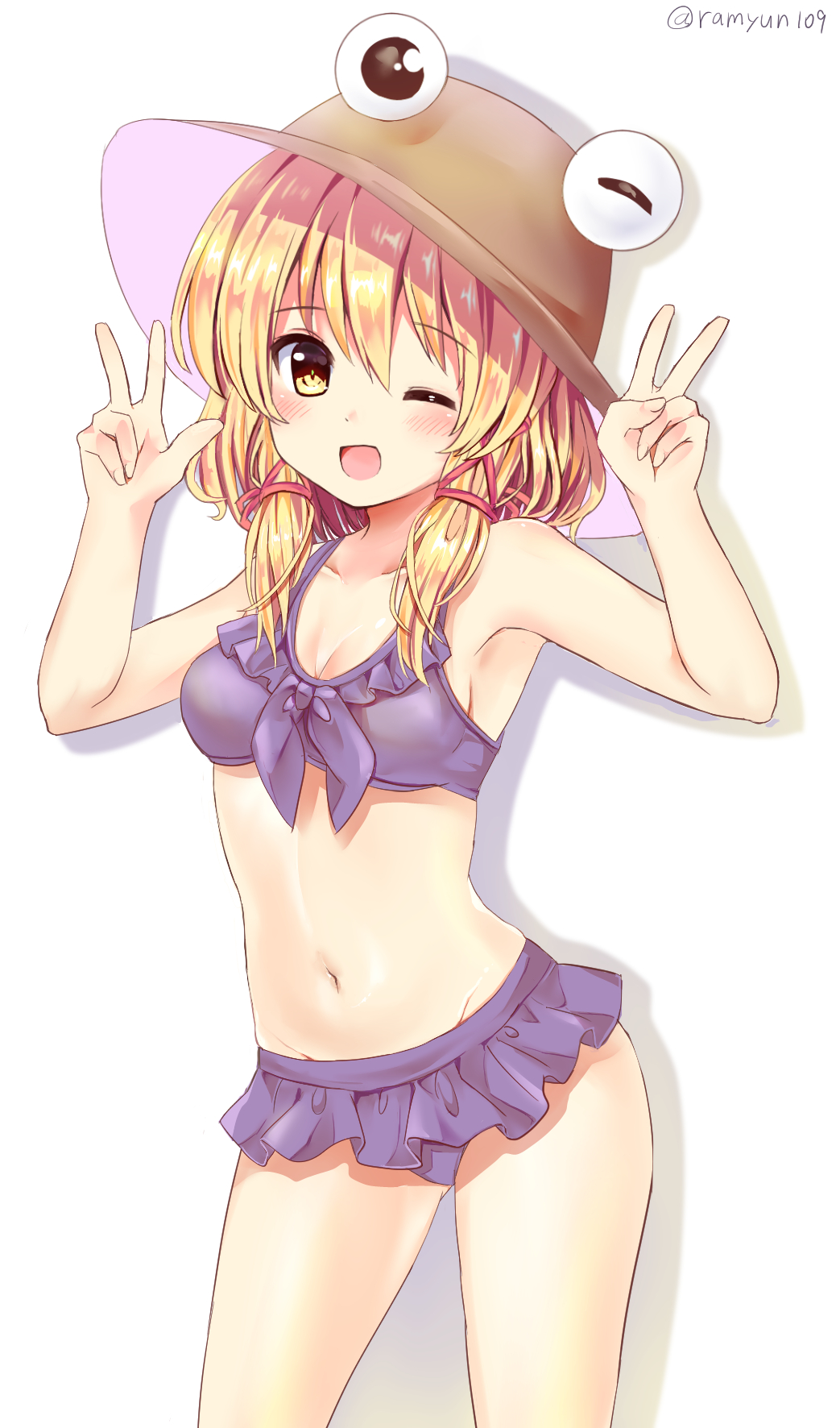 ;d artist_name bangs bare_arms bare_shoulders bikini blonde_hair blush breasts brown_hat cleavage collarbone commentary_request cowboy_shot eyebrows_visible_through_hair frilled_bikini frills groin hair_between_eyes hair_ribbon hands_up hat highres looking_at_viewer medium_breasts moriya_suwako navel one_eye_closed open_mouth purple_bikini ramudia_(lamyun) red_ribbon ribbon shadow short_hair sidelocks simple_background smile solo standing stomach swimsuit thighs touhou twitter_username v w white_background yellow_eyes