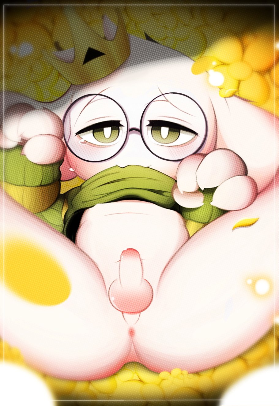 anthro anus asriel_dreemurr balls blush bottomless child clothed clothing cub erection eyewear foreskin glasses humanoid_penis lying male on_back penis perineum pingkoon solo uncut undertale video_games young