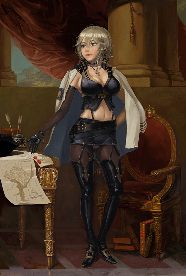 amibazh azur_lane belt black_gloves blue_eyes book boots breasts chair choker cleavage commentary cross curtains earrings fine_art_parody george_washington gloves inkwell jacket_on_shoulders jewelry lansdowne_portrait large_breasts lips map midriff miniskirt navel panties panties_under_pantyhose pantyhose pantyshot pantyshot_(standing) parody pillar short_hair silver_hair skirt solo standing table thigh_boots thighhighs underwear washington_(azur_lane)