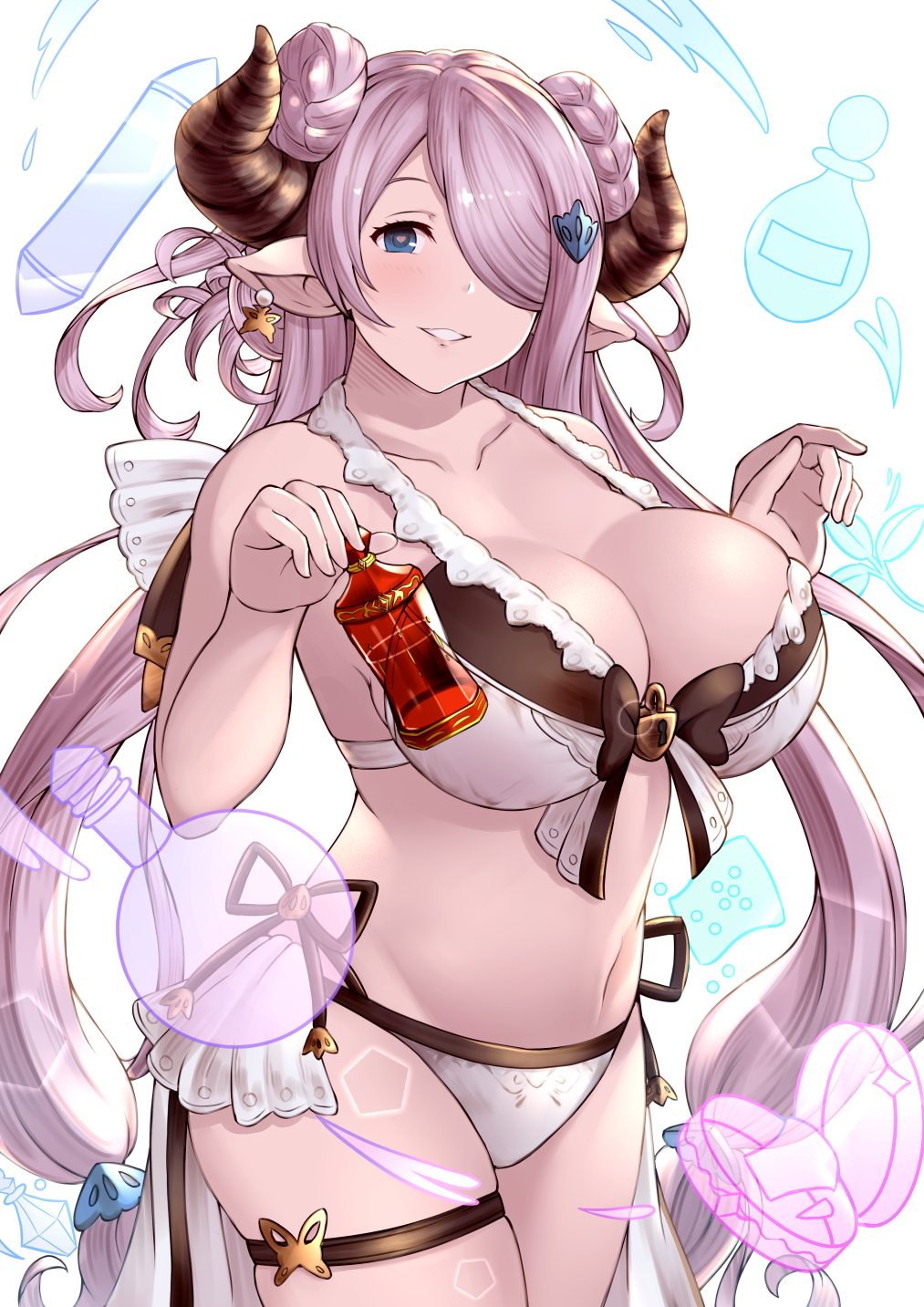bikini blue_eyes bottle braid breasts bug butterfly demon_horns draph earrings flask granblue_fantasy grin haido_(ryuuno_kanzume) hair_ornament hair_over_one_eye heart heart-shaped_pupils highres horns huge_breasts insect jewelry lavender_hair long_hair narmaya_(granblue_fantasy) parted_lips pointy_ears potion purple_hair smile solo swimsuit symbol-shaped_pupils thigh_strap white_bikini
