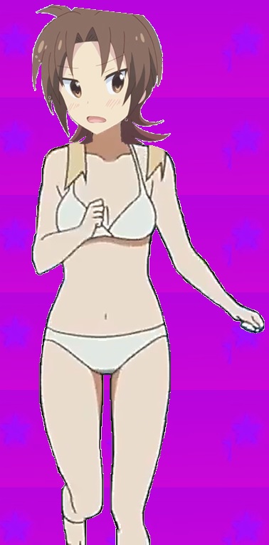 :d arm_at_side bare_shoulders bikini collarbone foreshortening iizuka_yuzu legs looking_at_viewer medium_breasts mound_of_venus purple_background sakura_trick swimsuits tsumugi_bikini white_bikini white_swimsuit
