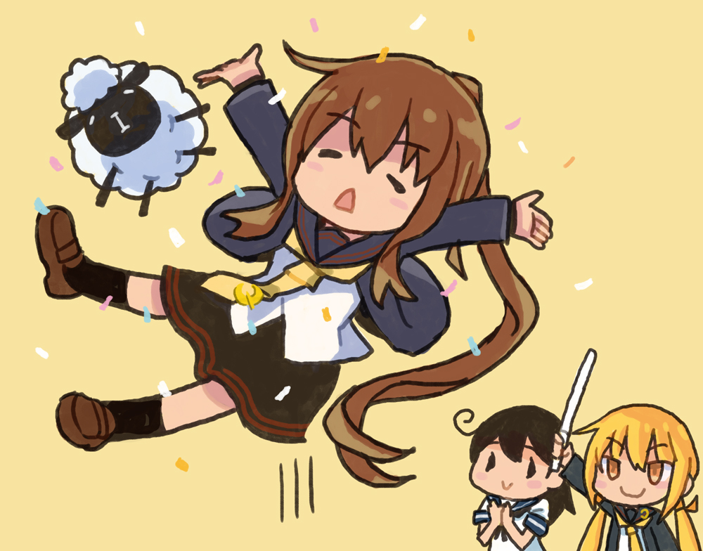 ahoge arm_up arms_up black_hair blonde_hair brown_hair closed_eyes comic confetti fumizuki_(kantai_collection) kantai_collection long_hair long_sleeves low_twintails multiple_girls neckerchief open_mouth otoufu pleated_skirt ponytail remodel_(kantai_collection) satsuki_(kantai_collection) school_uniform serafuku sheep short_sleeves skirt smile socks triangle_mouth twintails ushio_(kantai_collection) yellow_background yellow_eyes