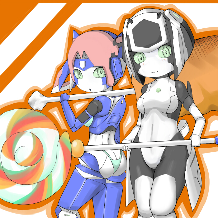 2girls andriod ass blush bone boned_meat breasts candy character_request closed_mouth copyright_request female food from_behind gomapurin green_eyes green_sclera hand_up holding light_blush lollipop meat medium_breasts multiple_girls no_humans orange_outline pink_hair short_hair