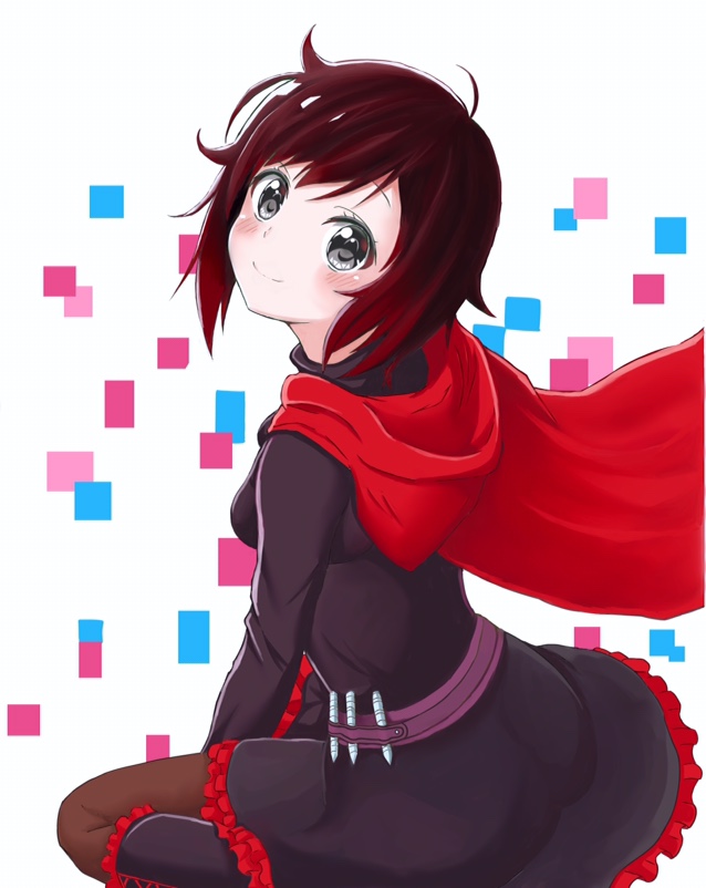 1girl artist_request ass black_dress black_hair blush boots breasts cape dress gradient_hair hood looking_at_viewer looking_back looking_up multicolored_hair pantyhose red_hair ruby_rose rwby short_hair sideboob silver_hair sitting skirt smile solo wariza