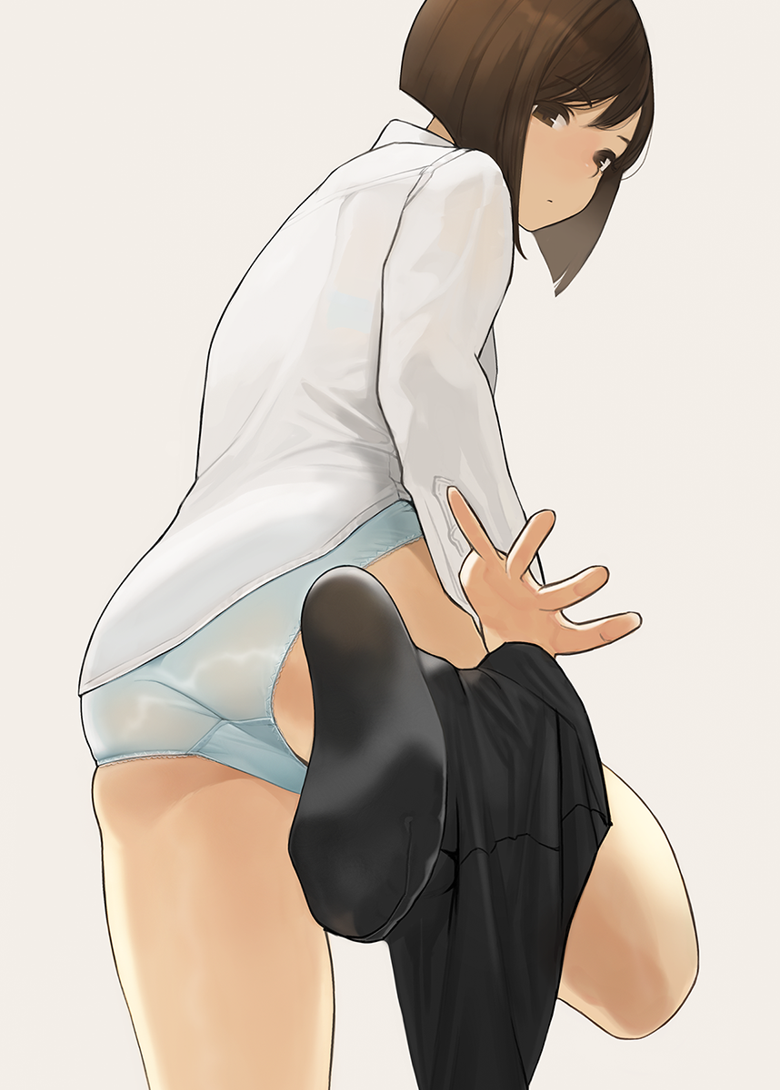 ass back black_legwear blue_panties brown_eyes brown_hair closed_mouth eyebrows_visible_through_hair feet from_behind highres leg_up long_sleeves looking_back original panties pantyhose shirt short_hair simple_background soles solo standing standing_on_one_leg toes underwear undressing white_shirt yomu_(sgt_epper)