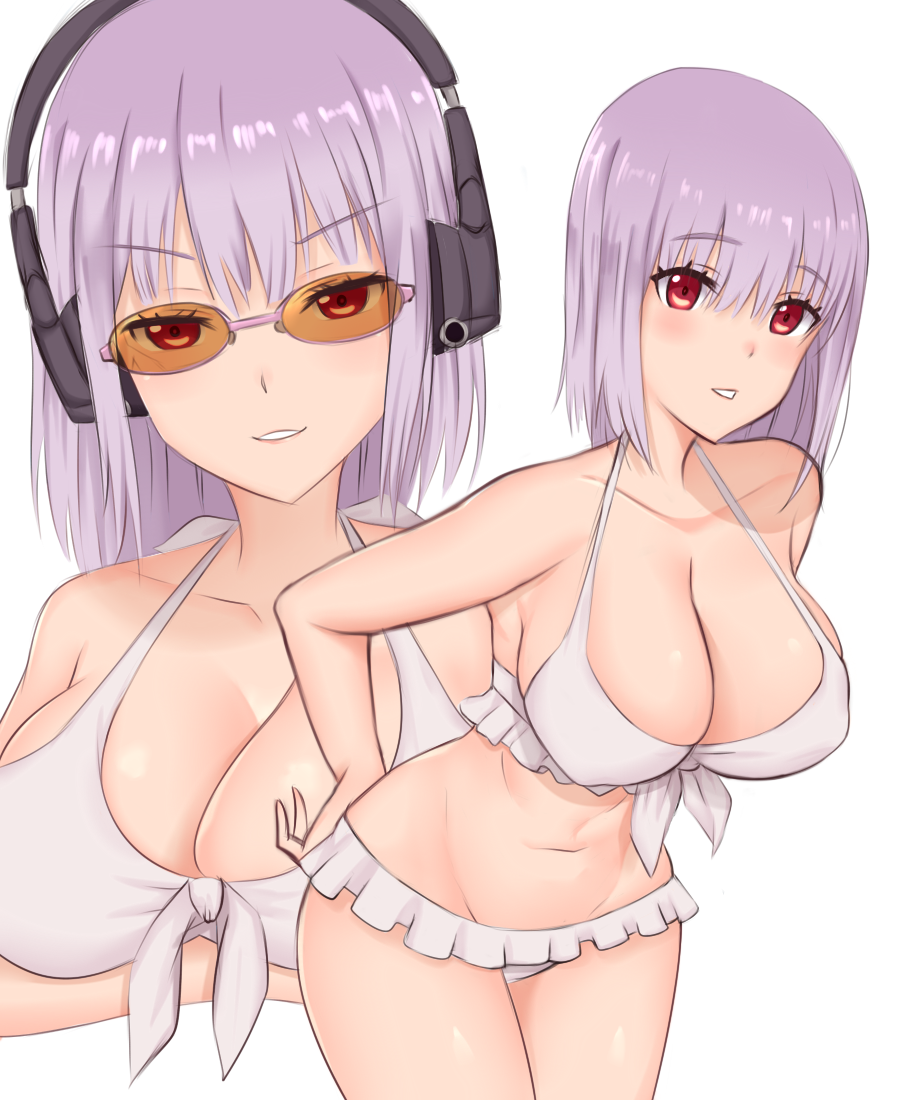 armpits bangs bare_arms bikini blush breast_hold breasts cleavage collarbone cowboy_shot crimecrime eyebrows_visible_through_hair frilled_bikini frills front-tie_bikini front-tie_top furrowed_eyebrows glasses grin groin hand_on_hip head_tilt headphones large_breasts leaning_forward looking_at_viewer multiple_views navel parted_lips pink-framed_eyewear pink_hair red_eyes shinjou_akane short_hair simple_background smile ssss.gridman standing swimsuit teeth v-shaped_eyebrows white_background white_bikini zoom_layer
