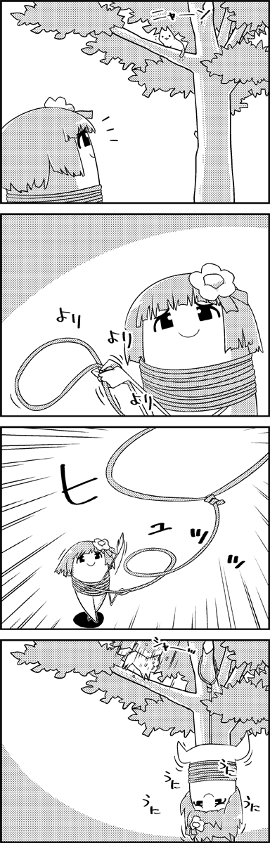 bangs blunt_bangs bound cat comic commentary_request emphasis_lines failure flower greyscale hair_flower hair_ornament hieda_no_akyuu highres lasso monochrome rope short_hair silent_comic smile surprised tani_takeshi throwing tied_up touhou translation_request tree tying upside-down yukkuri_shiteitte_ne