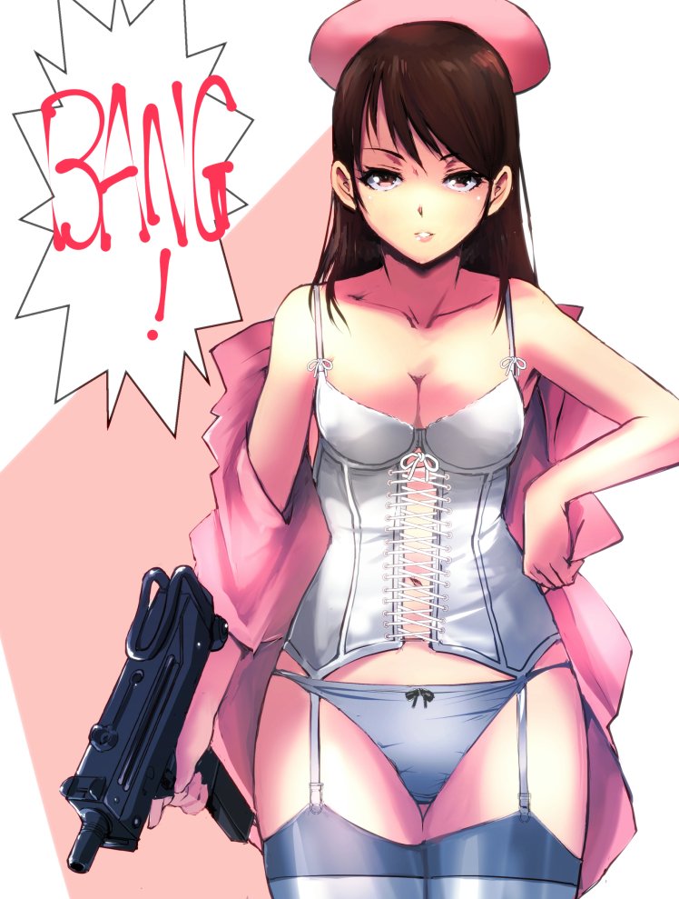 bow bow_panties breasts brown_eyes brown_hair cleavage collarbone commentary_request corset cross-laced_clothes dress eyebrows_visible_through_hair garter_straps gun hand_on_hip hat holding holding_gun holding_weapon lipstick long_hair makeup medium_breasts navel nurse nurse_cap open_clothes original panties parted_lips pink_dress pink_hat pink_lips standing thighhighs thighs two-tone_background underwear weapon white_legwear white_panties yuya