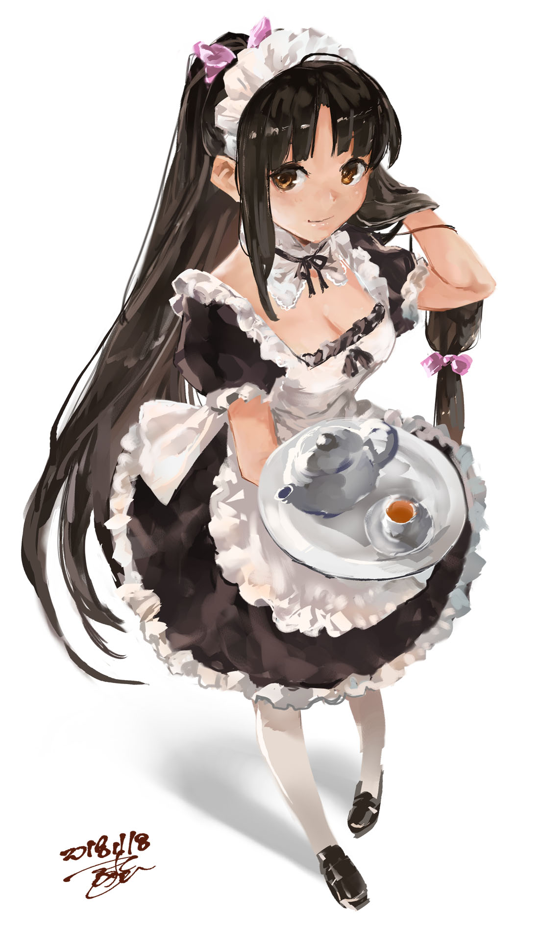 ahoge alternate_costume apron black_footwear black_hair blush breasts brown_eyes commentary_request cup dated dress enmaided frills hand_in_hair highres holding holding_tray kantai_collection loafers long_hair looking_at_viewer low-tied_long_hair maid maid_apron maid_headdress ponytail puffy_short_sleeves puffy_sleeves saucer shoes short_sleeves shouhou_(kantai_collection) signature smile solo teapot toka_(marchlizard) tray