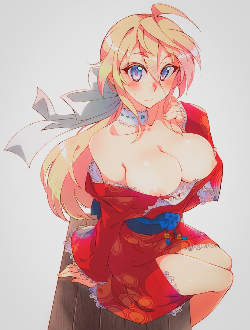 areola_slip areolae bare_shoulders bench blonde_hair blue_eyes blush breasts choker cleavage collarbone commentary_request hair_ribbon japanese_clothes kusanagi_tonbo large_breasts long_hair low_ponytail nipple_slip nipples original ribbon solo