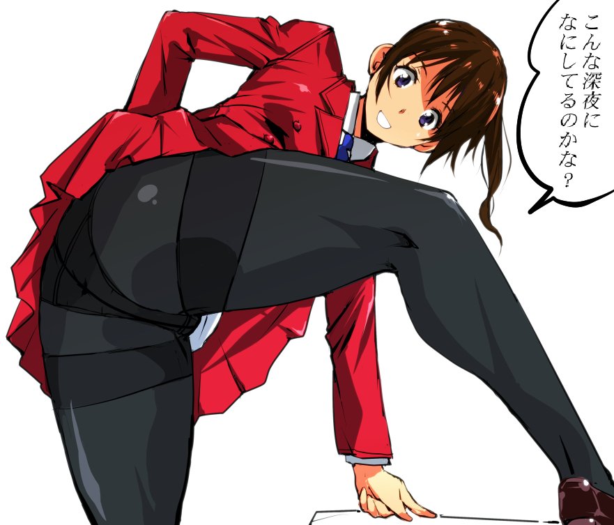 arm_support bangs black_legwear blue_neckwear brown_hair commentary_request crotch_seam double-breasted eyebrows_visible_through_hair high_ponytail jacket kneepits leg_up long_sleeves looking_at_viewer original panties panties_under_pantyhose pantyhose pleated_skirt ponytail presenting purple_eyes red_jacket red_skirt shirt skirt smile speech_bubble standing thighband_pantyhose translation_request underwear uniform vest white_background white_shirt yuya