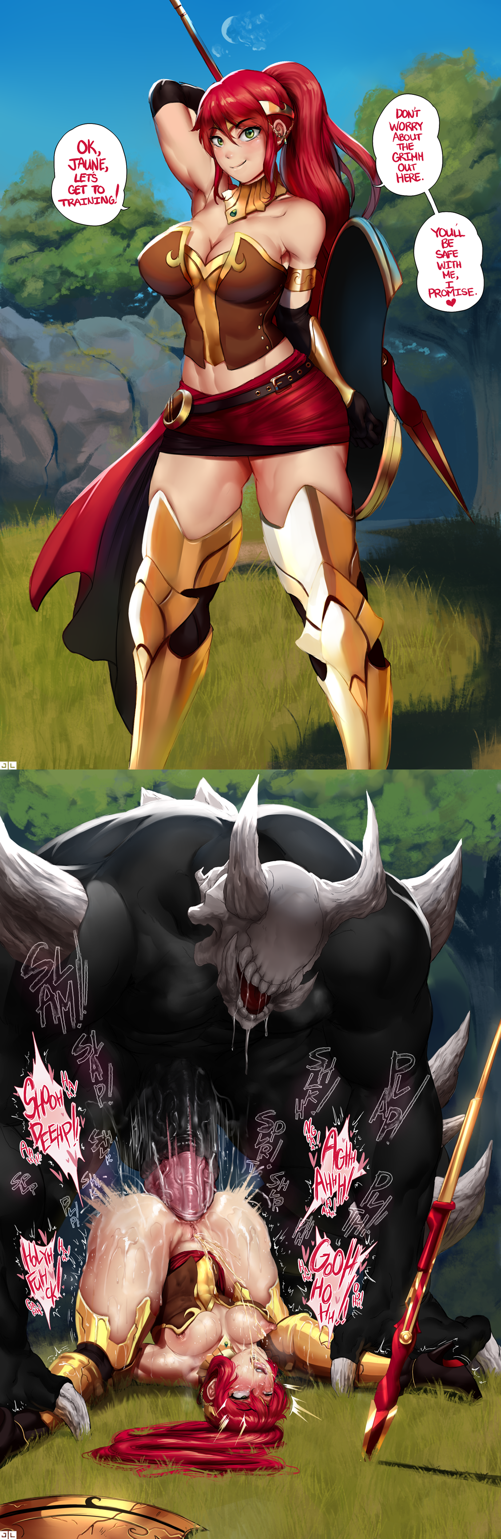 abdominal_bulge ahegao anal animal_genitalia animal_penis big_breasts big_penis blush breasts cleavage clothed clothing duo edit equine_penis female grimm_(rwby) hair huge_penis human instant_loss_2koma jlullaby larger_male looking_pleasured male male/female male_penetrating mammal monster nipples not_furry penis pussy pussy_juice pyrrha_nikos red_hair rwby sex size_difference smaller_female solo speech_bubble text urine watersports