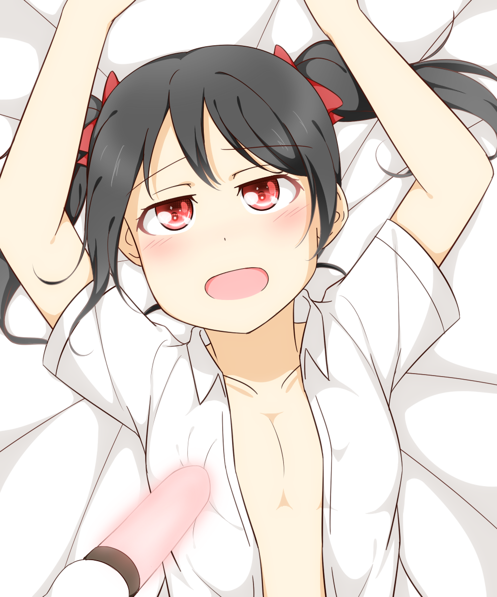 10s 1girl black_hair blush bow breast_poke breasts erect_nipples eyebrows_visible_through_hair feitonokesin glowstick hair_bow looking_at_viewer love_live! love_live!_school_idol_project lying medium_hair no_bra on_back open_clothes open_mouth poking red_eyes small_breasts solo tied_hair yazawa_nico