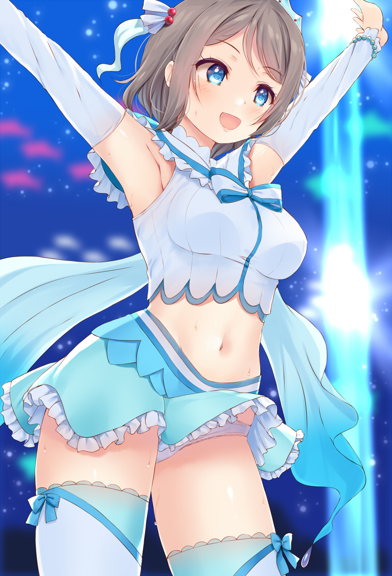 :d \o/ aqua_skirt aquarium armpits arms_up blue_bow blue_eyes blurry blurry_background blush bow bowtie bracelet breasts capelet commentary cowboy_shot crop_top detached_sleeves fish frilled_capelet frills grey_hair hair_ornament jewelry koi_ni_naritai_aquarium komone_ushio lace_trim love_live! love_live!_sunshine!! medium_breasts midriff miniskirt navel open_mouth outstretched_arms panties short_hair skirt smile solo striped striped_neckwear sweat thighhighs tiara underwear watanabe_you white_panties
