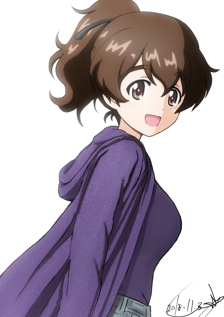 :d artist_name bangs black_ribbon brown_eyes brown_hair bukkuri casual commentary dated eyebrows_visible_through_hair from_side girls_und_panzer grey_pants hair_ribbon hood hoodie jacket koyama_yuzu long_sleeves looking_at_viewer open_clothes open_jacket open_mouth pants purple_jacket purple_shirt ribbon shirt short_hair short_ponytail signature simple_background smile solo standing upper_body white_background