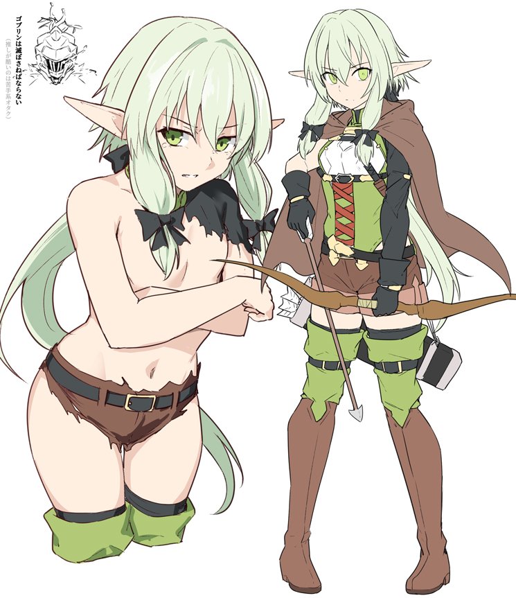1girl armor arrow asymmetrical_sleeves black_bow black_gloves boots bow bow_(weapon) cloak commentary_request convenient_censoring cropped_legs crossed_arms elf flat_chest full_body gloves goblin_slayer goblin_slayer! green_eyes green_hair hair_bow hair_censor hair_over_one_breast half-closed_eyes helmet high_elf_archer_(goblin_slayer!) holding holding_weapon hood hooded_cloak leaning_forward long_hair low_ponytail navel parted_lips pointy_ears shiseki_hirame short_shorts shorts sidelocks simple_background solo_focus text_focus thigh_boots thighhighs topless torn_clothes torn_shorts translation_request weapon white_background