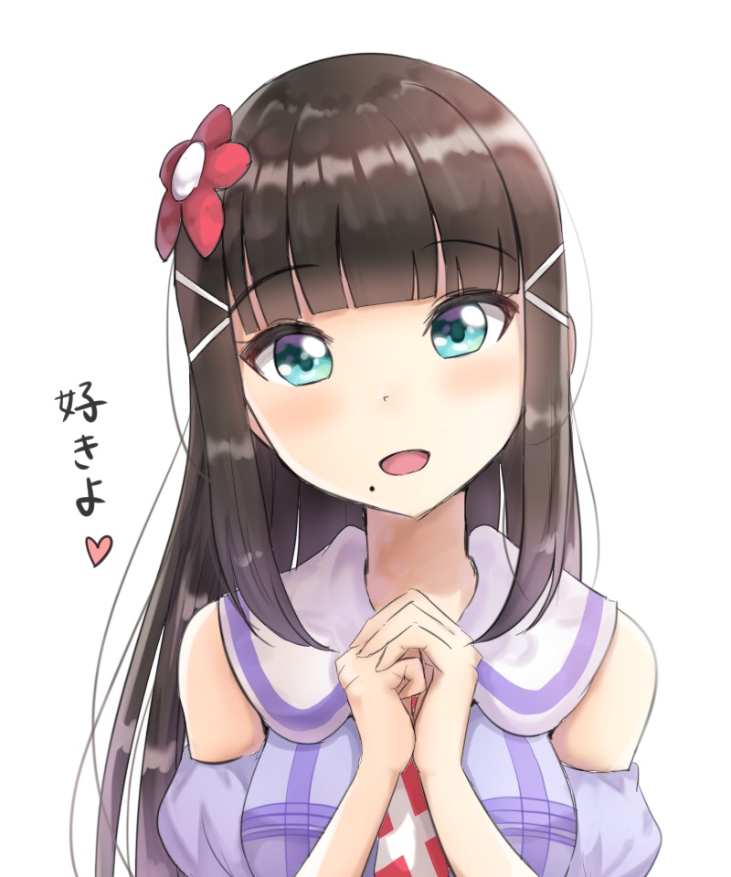 :d bangs blunt_bangs blush breasts commentary_request detached_sleeves eyebrows_visible_through_hair flower hair_flower hair_ornament hairclip hands_up head_tilt heart kurosawa_dia long_hair looking_at_viewer love_live! love_live!_sunshine!! mole mole_under_mouth open_mouth own_hands_together partial_commentary puffy_short_sleeves puffy_sleeves purple_shirt purple_sleeves red_flower red_neckwear shirt short_sleeves simple_background sin_(sin52y) sleeveless sleeveless_shirt small_breasts smile solo translated upper_body white_background