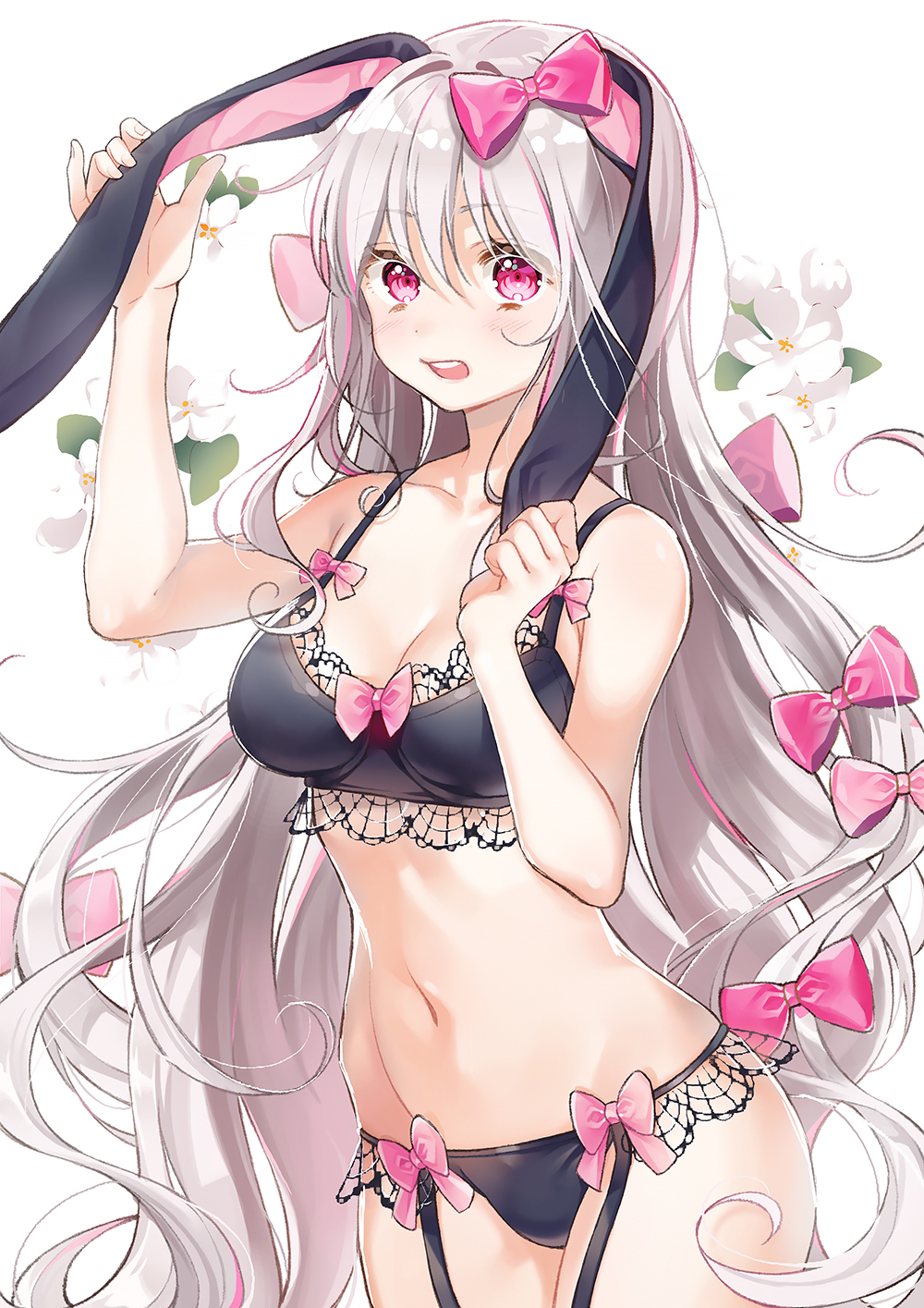 animal_ears bangs black_bra black_panties bow bow_bra bow_panties bra breasts bunny_ears cleavage commentary cowboy_shot ear_tug eyebrows_visible_through_hair flower frown garter_straps hair_bow hand_on_ear highres je35353577 lace lace-trimmed_bra lace-trimmed_panties light_blush long_hair looking_at_viewer medium_dress navel open_mouth original panties pink_bow pink_eyes silver_hair solo standing string_panties underwear very_long_hair white_background