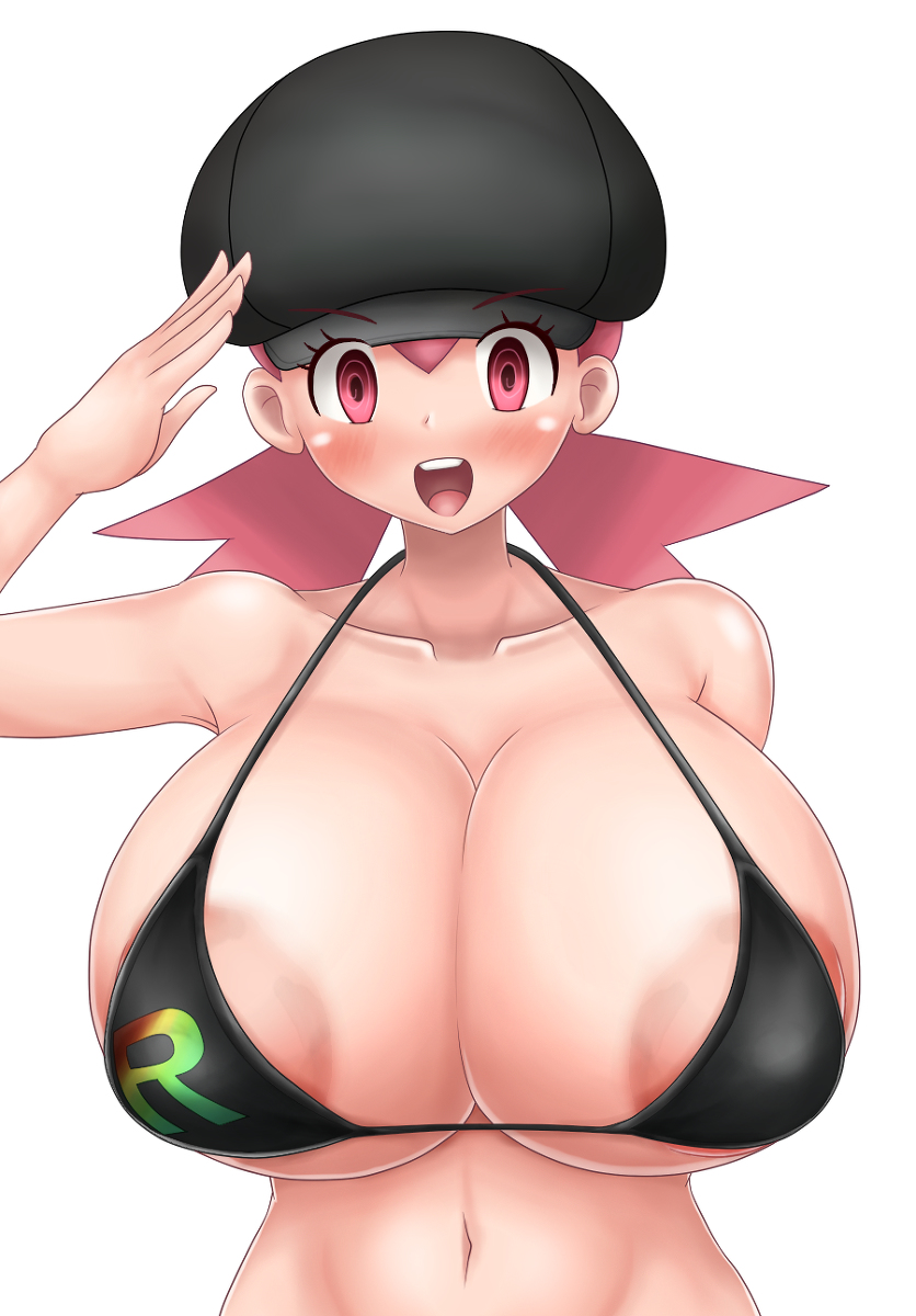 1girl akane_(pokemon) areolae artist_request bangs bikini blush breasts creatures_(company) female game_freak gym_leader hat huge_breasts hypnosis large_areolae mind_control navel nintendo open_mouth pink_eyes pink_hair pokemon pokemon_(game) pokemon_gsc pokemon_hgss shiny shiny_hair shiny_skin short_hair simple_background solo swimsuit team_rainbow_rocket