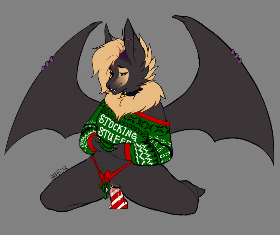 2018 anthro bat bottomless candy_cane_dildo christmas clitoris clothed clothing collar dildo ear_piercing female furgonomics furry-specific_piercing grey_background half-closed_eyes holidays kneeling mammal mistletoe neck_tuft partially_clothed penetration piercing plant pussy pussy_juice sex_toy simple_background solo spread_legs spreading sweater sweetsart tan_hair tuft vaginal vaginal_penetration wing_piercing zoey_batty