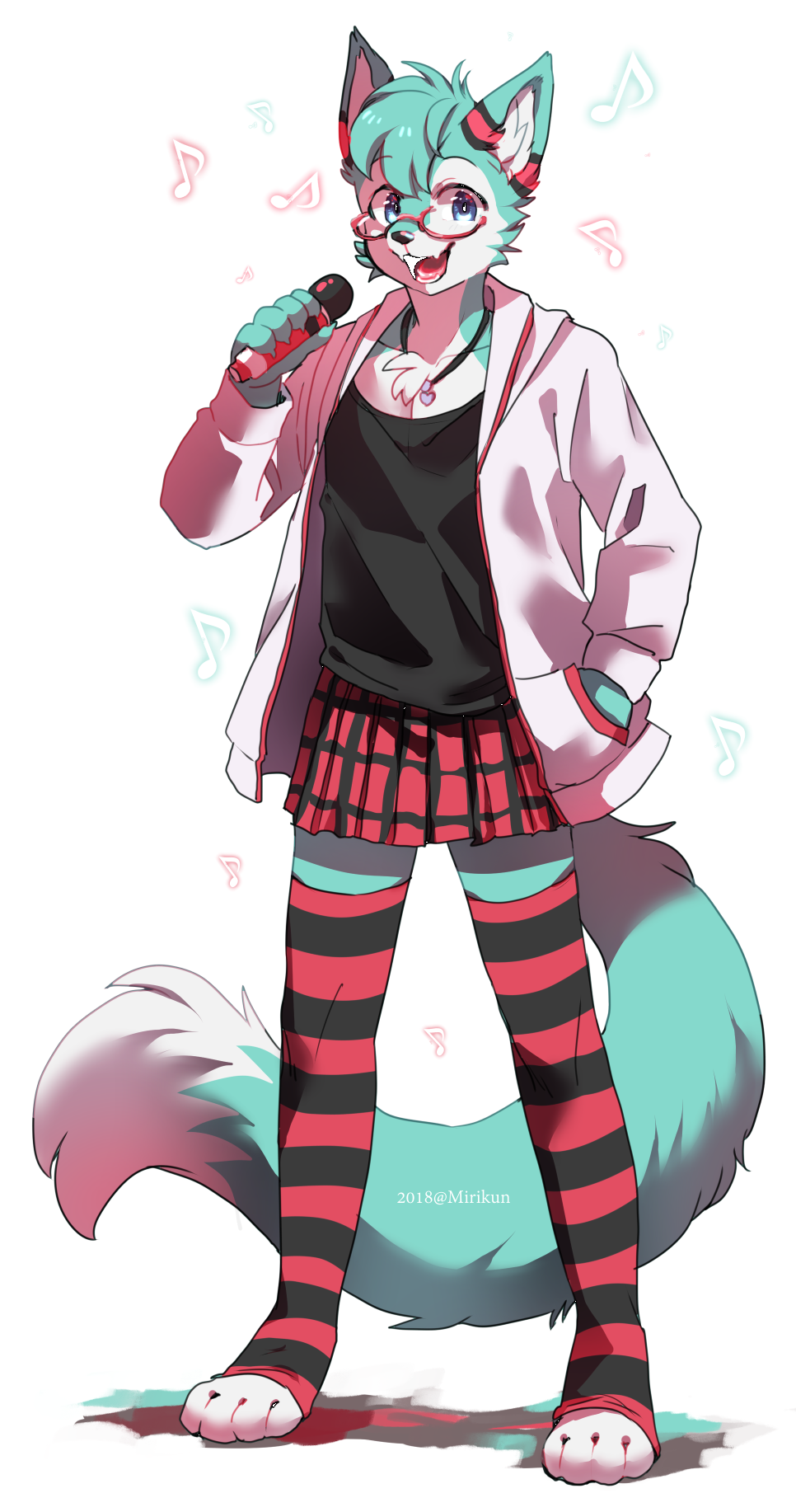 2018 blue_eyes blue_fur canine chest_tuft clothed clothing cosplay crossdressing eyewear fox fur girly glasses hatsune_miku hi_res hoodie jewelry legwear looking_at_viewer male mammal microphone miri musical_note necklace open_mouth roflfox shirt singing skirt solo thigh_highs tuft vocaloid white_fur
