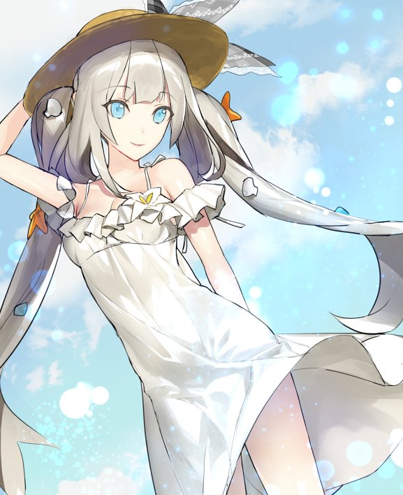 arm_behind_back bangs blue_eyes blue_sky bow breasts cleavage cloud day dress dutch_angle eyebrows_visible_through_hair fate/grand_order fate_(series) floating_hair ginka_sima hand_on_headwear hat hat_bow lens_flare long_hair marie_antoinette_(fate/grand_order) marie_antoinette_(swimsuit_caster)_(fate) shiny shiny_hair silver_hair sky sleeveless sleeveless_dress small_breasts solo standing straw_hat striped striped_bow sun_hat sundress very_long_hair white_dress yellow_hat