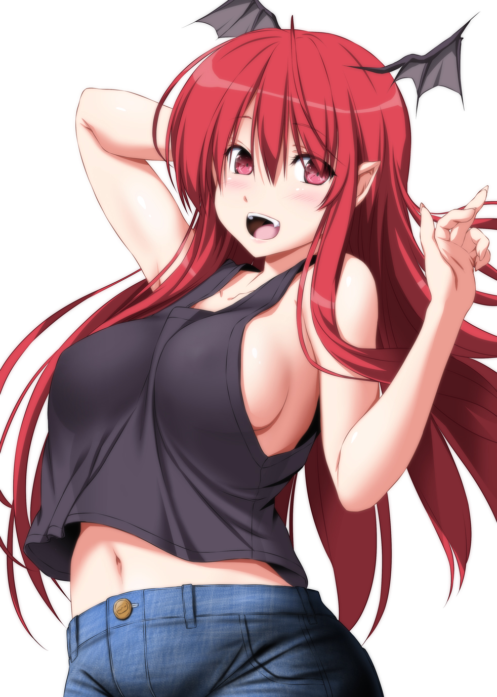 arm_behind_head arm_up bangs bare_arms bare_shoulders black_tank_top blush breasts collarbone commentary_request covered_nipples cowboy_shot demon_wings denim eyebrows_visible_through_hair hair_between_eyes hand_up head_wings highres koakuma long_hair looking_at_viewer medium_breasts midriff navel nori_tamago open_mouth pants pointy_ears red_eyes red_hair sideboob simple_background smile solo stomach tank_top touhou very_long_hair white_background wings