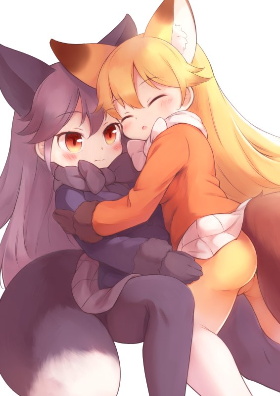 animal_ear_fluff animal_ears ass bangs between_legs black_gloves black_legwear black_neckwear blazer blonde_hair blush bow bowtie brown_gloves cameltoe closed_eyes commentary extra_ears eyebrows_visible_through_hair ezo_red_fox_(kemono_friends) fox_ears fox_tail fur-trimmed_sleeves fur_trim gloves grey_hair grey_skirt hand_on_another's_arm hand_on_another's_thigh jacket kemono_friends long_hair long_sleeves matsuu_(akiomoi) multicolored multicolored_clothes multicolored_legwear multiple_girls navy_blue_jacket open_mouth orange_eyes orange_jacket orange_legwear pantyhose pleated_skirt silver_fox_(kemono_friends) simple_background skirt tail white_background white_legwear white_neckwear white_skirt