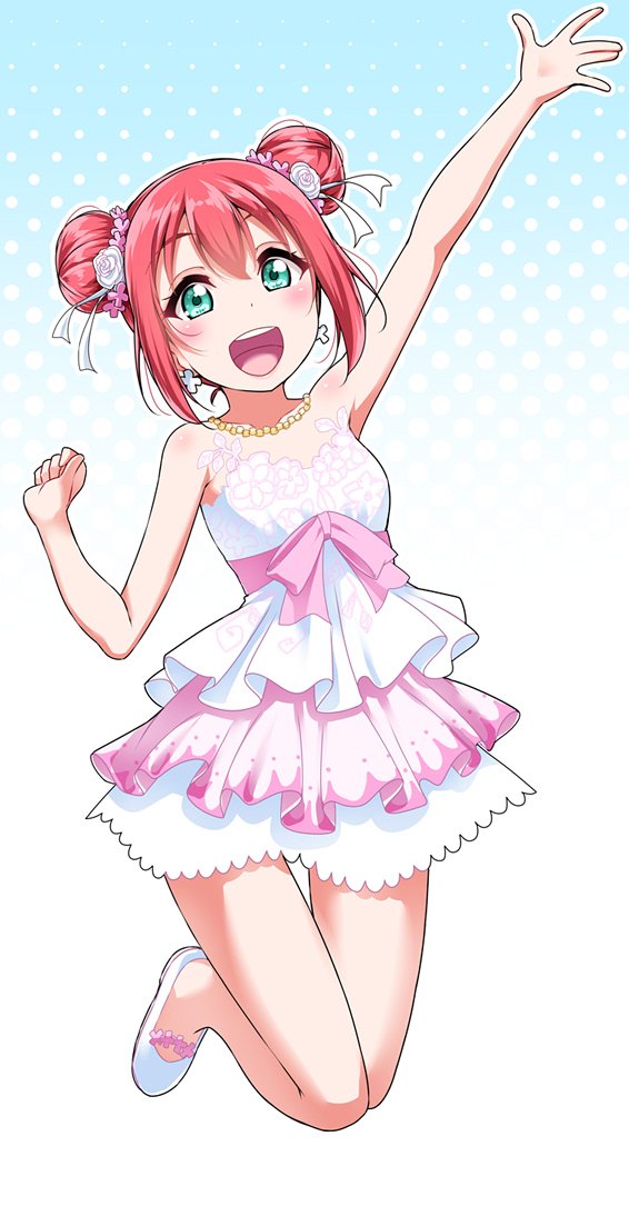 armpits arms_up bangs blush bow breasts double_bun dress earrings eyebrows_visible_through_hair frilled_dress frills green_eyes hair_between_eyes hair_ornament hair_ribbon hand_up jewelry kurosawa_ruby looking_at_viewer love_live! love_live!_sunshine!! necklace open_mouth pink_bow polka_dot polka_dot_background red_hair ribbon small_breasts smile solo strapless strapless_dress thank_you_friends!! white_dress white_footwear yopparai_oni