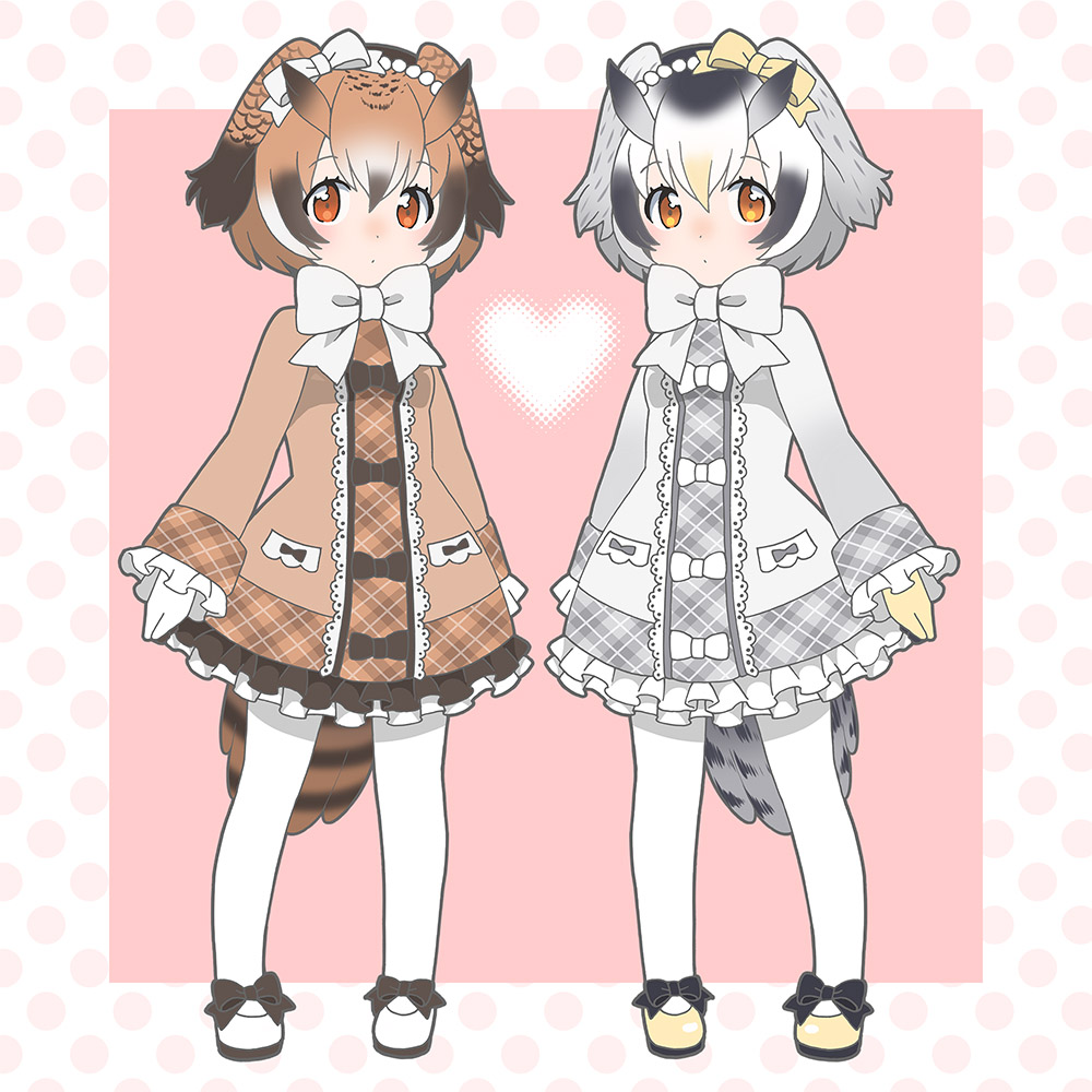 adapted_costume bird_tail bow bow_footwear bowtie brown_coat brown_eyes brown_hair closed_mouth coat commentary_request eurasian_eagle_owl_(kemono_friends) frilled_sleeves frills full_body grey_hair heart kemono_friends long_sleeves looking_at_viewer multicolored_hair multiple_girls northern_white-faced_owl_(kemono_friends) orange_eyes pantyhose plaid shoes simple_background white_coat white_hair white_legwear white_neckwear yukiko_haotome