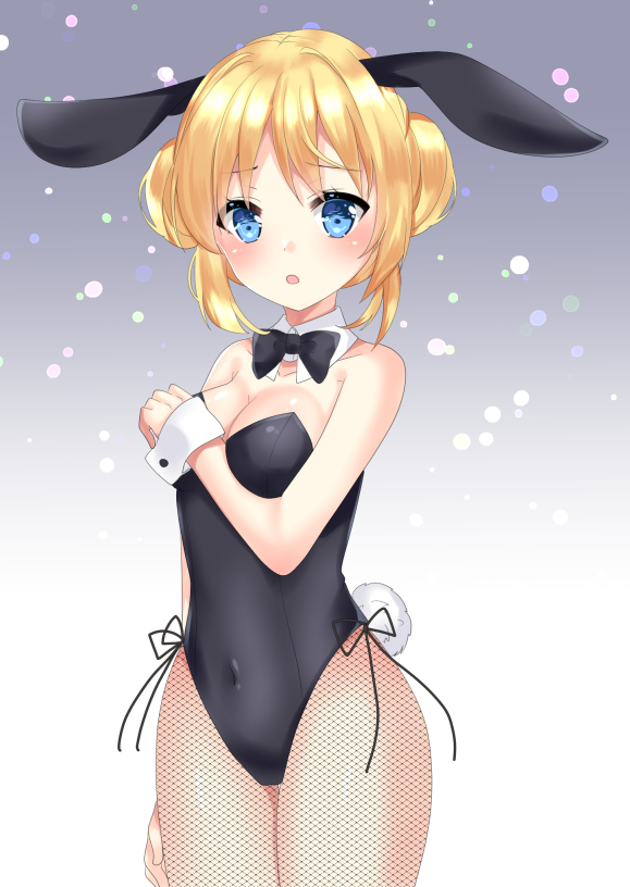 :o animal_ears bangs bare_shoulders black_leotard black_neckwear blonde_hair blue_eyes blush bow bowtie breasts bunny_ears bunny_girl bunny_tail bunnysuit cleavage collarbone commentary_request covered_navel cowboy_shot detached_collar double_bun eyebrows_visible_through_hair fishnet_pantyhose fishnets hand_up leotard medium_breasts misaki_(misaki86) original pantyhose parted_lips side_bun sidelocks solo standing strapless strapless_leotard tail white_collar wing_collar wrist_cuffs