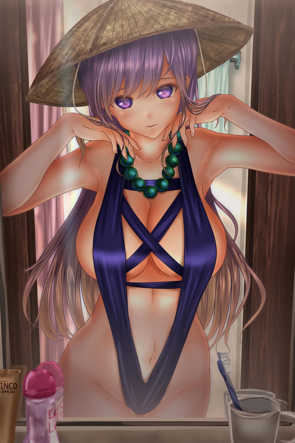 adapted_costume backlighting bad_reflection bangs bathroom bead_necklace beads breasts brown_hair check_commentary cleavage commentary_request cup error gradient_hair groin hair_ornament hat highres hijiri_byakuren jewelry large_breasts lavender_eyes lavender_hair long_hair looking_at_viewer mirror multicolored_hair necklace partially_undressed purple_swimsuit reflection shounen_(hogehoge) slingshot_swimsuit solo swimsuit toothbrush touhou