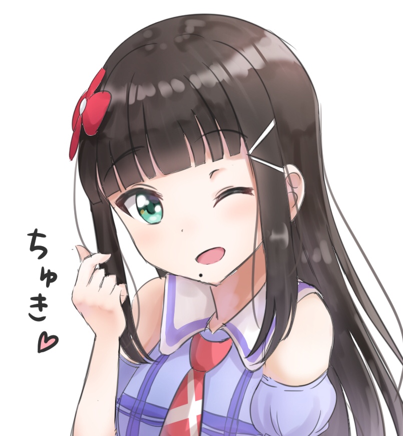 ;d bangs blunt_bangs breasts brown_hair commentary_request detached_sleeves eyebrows_visible_through_hair flower green_eyes hair_flower hair_ornament hairclip head_tilt heart kurosawa_dia long_hair love_live! love_live!_sunshine!! mole mole_under_mouth one_eye_closed open_mouth puffy_short_sleeves puffy_sleeves purple_shirt purple_sleeves red_flower red_neckwear sailor_collar shirt short_sleeves sidelocks sin_(sin52y) sleeveless sleeveless_shirt small_breasts smile solo translation_request upper_body very_long_hair white_sailor_collar