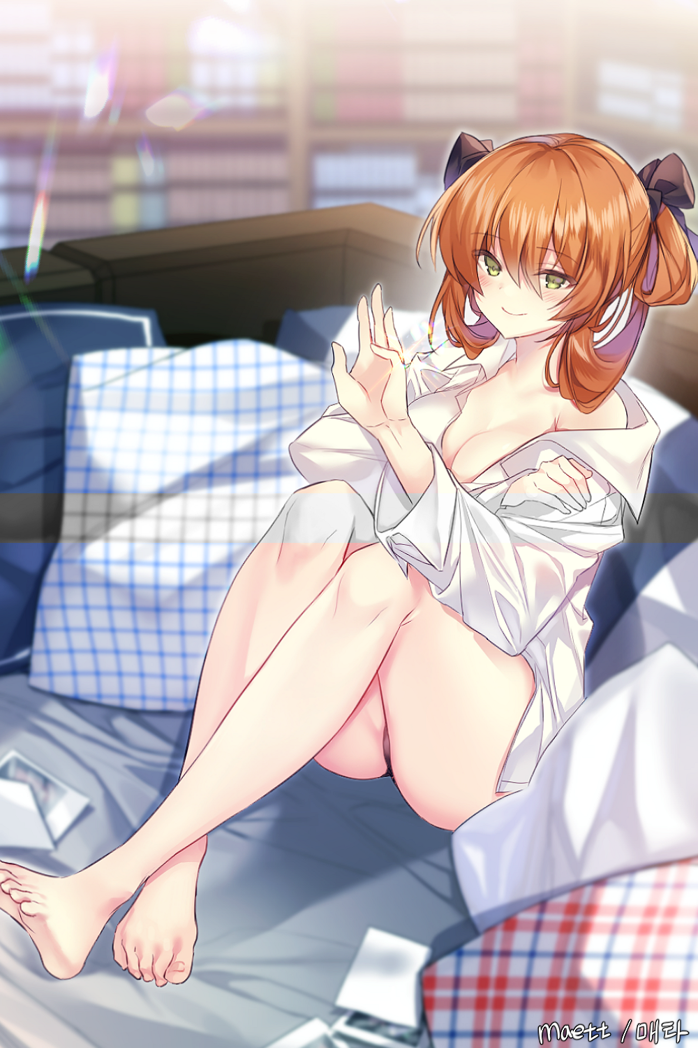 artist_name ass bangs bare_legs bare_shoulders barefoot black_bow blurry blush bookshelf bow breasts brown_hair cleavage closed_mouth collared_shirt commentary_request commission couch depth_of_field eyebrows_visible_through_hair girls_frontline glint green_eyes hair_between_eyes hair_bow hair_rings hand_up highres indoors jewelry korean_commentary large_breasts long_hair long_sleeves looking_at_viewer m1903_springfield_(girls_frontline) maett no_pants off_shoulder on_couch photo_(object) pillow reclining ring shirt smile solo wedding_ring white_shirt