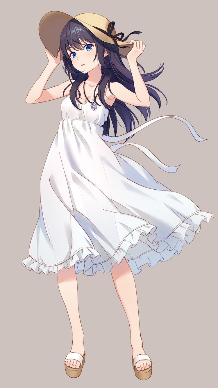bangs black_hair black_ribbon blue_eyes breasts cleavage collarbone dress floating_hair frilled_dress frills full_body grey_background hands_on_headwear hat hat_ribbon highres hyuuga_azuri long_hair looking_at_viewer original platform_footwear ribbon sandals see-through_silhouette shiny shiny_hair simple_background sleeveless sleeveless_dress small_breasts solo standing sun_hat sundress white_dress white_ribbon