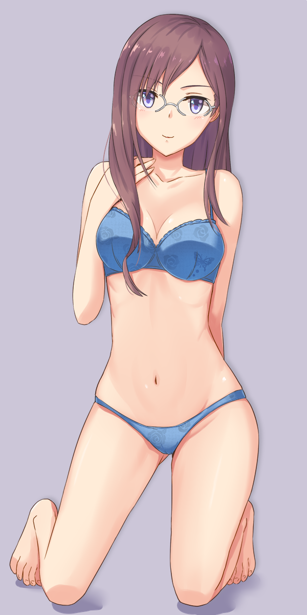 arm_behind_back ass_visible_through_thighs bangs barefoot blue_bra blue_eyes blue_panties bra breasts brown_hair cleavage closed_mouth collarbone eyebrows_visible_through_hair floral_print full_body glasses hand_on_own_chest highres idolmaster idolmaster_cinderella_girls kneeling kozeni_isari long_hair looking_at_viewer medium_breasts navel panties print_bra print_panties shadow simple_background smile solo swept_bangs underwear underwear_only yagami_makino