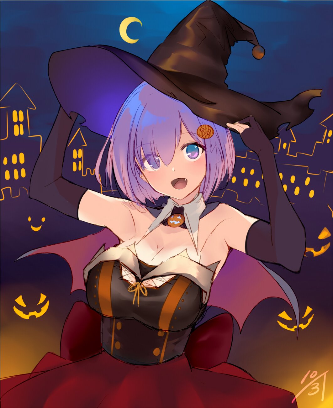 :d black_gloves black_hat bow breasts choker cleavage crescent_moon elbow_gloves eyebrows_visible_through_hair fate/grand_order fate_(series) fingerless_gloves gloves hair_between_eyes hair_ornament halloween halloween_costume hat highres huge_breasts jazztaki looking_at_viewer mash_kyrielight moon open_mouth purple_eyes purple_hair red_bow red_skirt short_hair skirt smile solo standing witch witch_hat