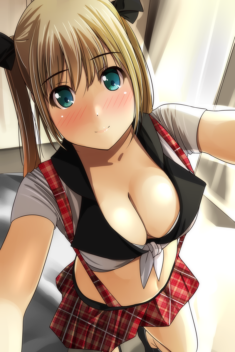 bangs black_footwear black_ribbon blonde_hair blush breasts cleavage closed_mouth collarbone commentary_request crop_top day eyebrows_visible_through_hair from_above front-tie_top green_eyes hair_between_eyes hair_ribbon hands_up highres indoors long_hair matsunaga_kouyou medium_breasts midriff navel nose_blush original plaid plaid_skirt pleated_skirt red_skirt ribbon shirt shoes short_sleeves skirt smile solo standing standing_on_one_leg sunlight suspender_skirt suspenders twintails unmoving_pattern white_shirt