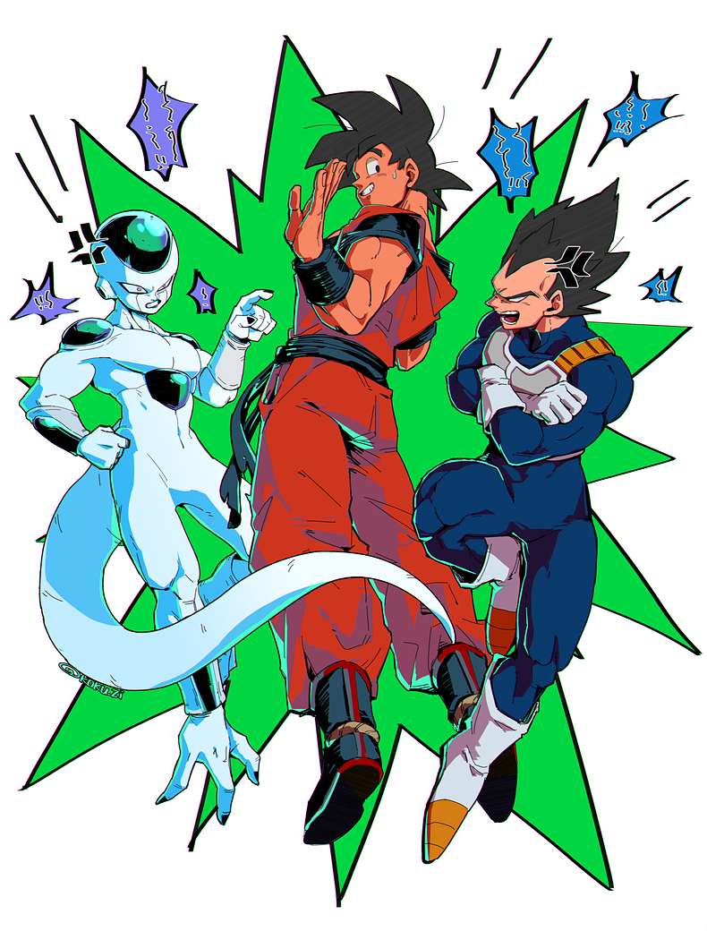 3boys anger_vein angry annoyed armor black_hair blue_background boots clenched_hand commentary_request crossed_arms dougi dragon_ball dragon_ball_z fingernails floating_hair frieza frown full_body gloves green_background hand_on_hip hand_up index_finger_raised kokusoji leg_up looking_at_another looking_away looking_back male_focus multicolored multicolored_background multiple_boys nervous nervous_smile open_mouth pink_eyes salute short_hair simple_background smile son_gokuu spiked_hair sweatdrop tail teeth toenails vegeta white_background white_gloves wristband