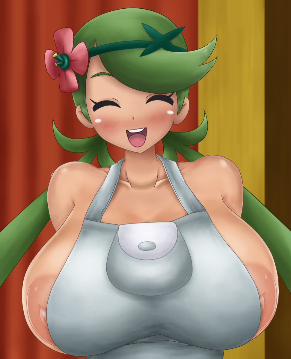 1girl apron areolae artist_request blush breasts creatures_(company) dark_skin erect_nipples female flower game_freak green_hair hair_flower hair_ornament huge_breasts large_areolae long_hair mao_(pokemon) nintendo nipples open_mouth pokemon pokemon_(game) pokemon_sm puffy_nipples shiny shiny_hair shiny_skin solo twintails