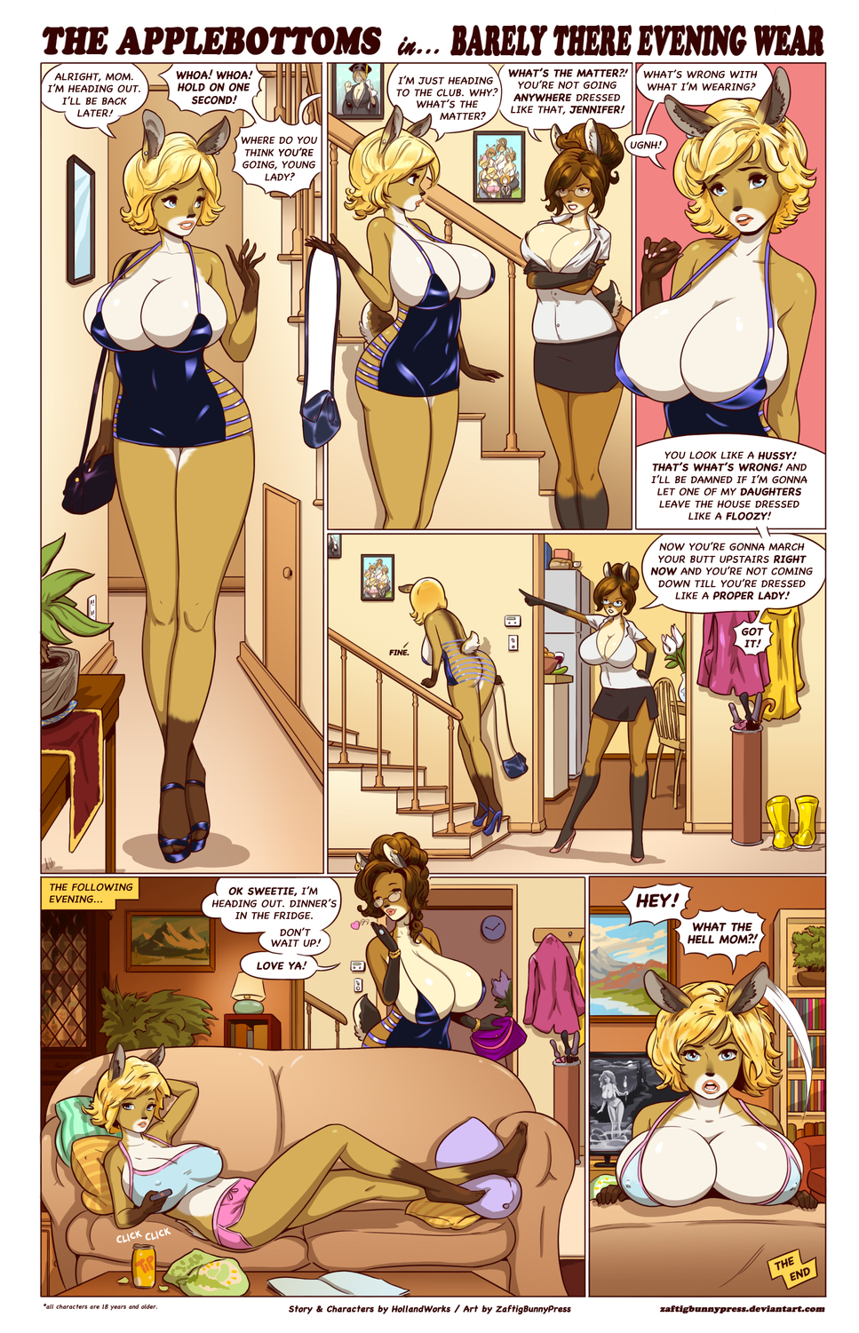 2018 anthro big_breasts black_fur black_nose blonde_hair blue_eyes breasts brown_eyes brown_fur brown_hair butt catherine_applebottom cervine cleavage clothed clothing colored_nails comic daughter dialogue dress ear_piercing english_text eyewear family female footwear fur glasses hair hair_bun high_heels hollandworks hypocrite inside jennifer_applebottom jewelry mammal mature_female mother navel parent piercing pink_lips pink_nails purse shoes short_hair text yellow_fur zaftigbunnypress