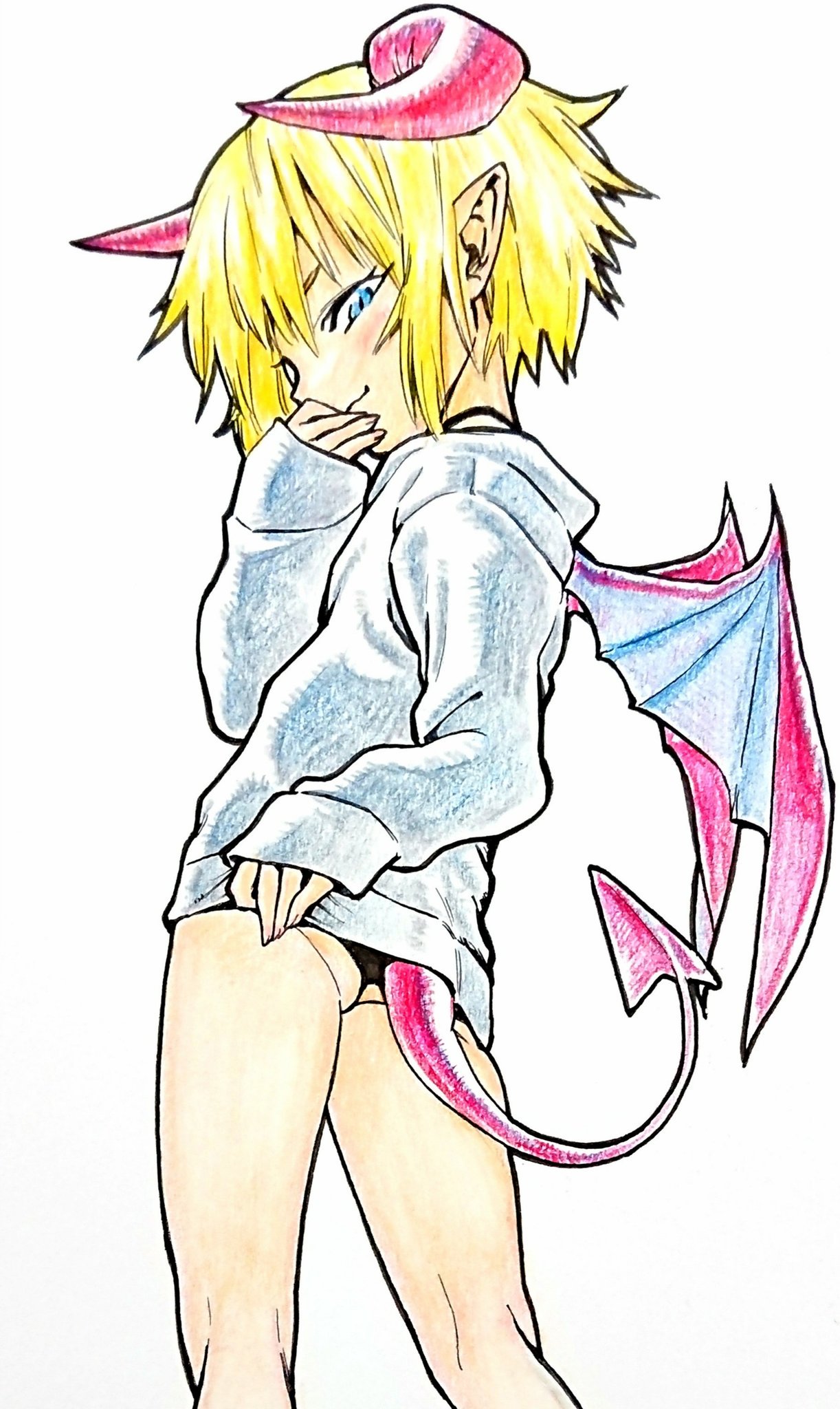 1girl ass blonde_hair blue_eyes colored_pencil_(medium) demon_girl demon_horns demon_tail demon_wings female from_behind horns looking_back mi-e original pointy_ears short_hair sleeves_past_wrists solo tail traditional_media wings