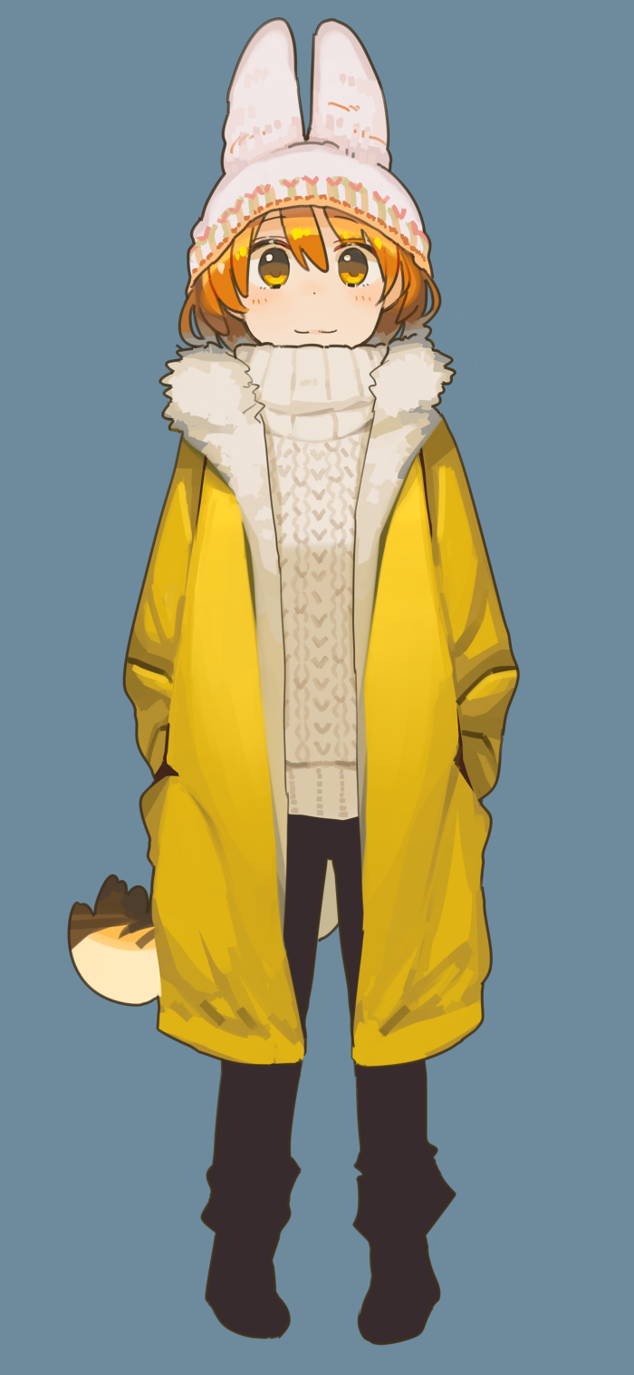 animal_ears animal_hat aran_sweater bangs beanie black_pants blue_background blush brown_eyes brown_hair closed_mouth coat commentary_request eyebrows_visible_through_hair full_body fur-trimmed_coat fur_trim hair_between_eyes hands_in_pockets hat highres kasa_list kemono_friends long_sleeves open_clothes open_coat pants serval_(kemono_friends) serval_ears serval_tail simple_background smile solo standing sweater tail turtleneck turtleneck_sweater white_hat white_sweater yellow_coat